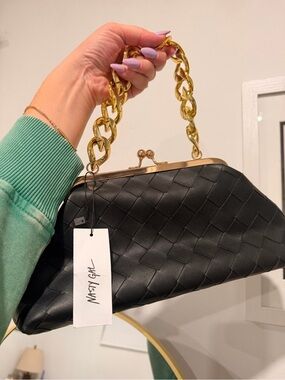 Nasty Gal Black Woven Clutch with Gold Chain Handle